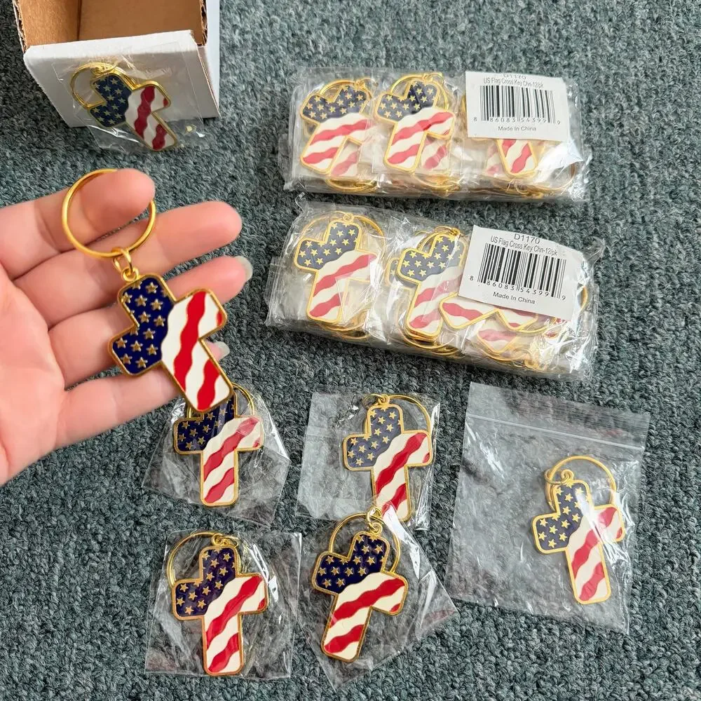 Wholesale Lot of 31 United States USA Flag Cross Key Chain Gold Red White Blue